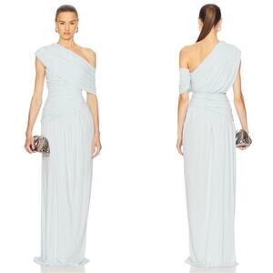 HELSA Apollo One Shoulder Ruched Draped Jersey Powder Blue Maxi Dress Size M